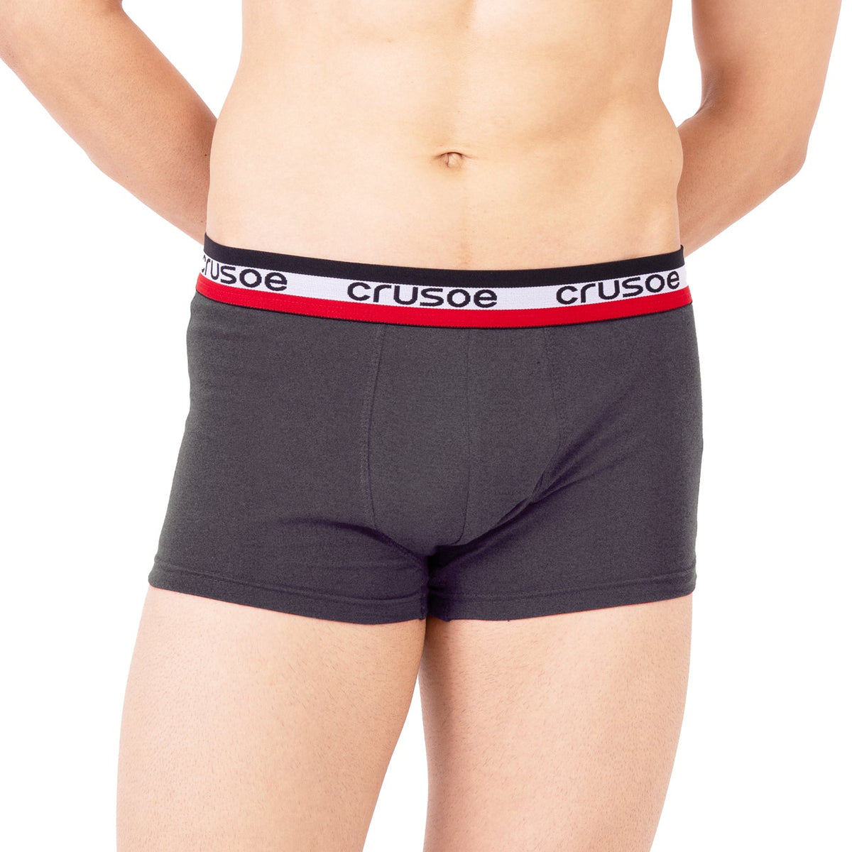 Man wearing CHARCOAL MELANGE boxer briefs with a brand logo on a white background