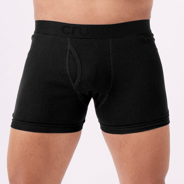 Man wearing black boxer briefs on a white background