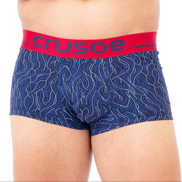 Man wearing blue underwear with red waistband on a white background